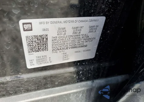 2021 Chevrolet Equinox Lt z USA, uszkodzony, nr VIN 2GNAXUEV9M6159650